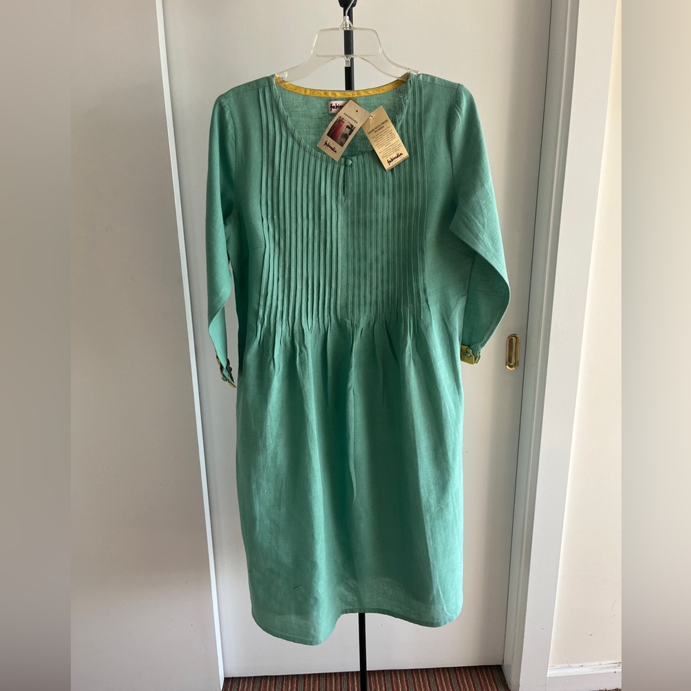 NWT Fabindia Womens Dress 👗 Long Kurta Handwoven Khadi Cotton Teal blue Medium